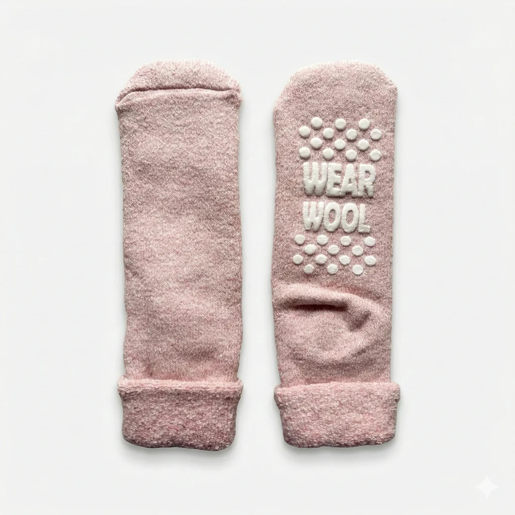 Siltas sieviešu vilnas zeķes ar neslīdošu pēdiņu rozā krāsā